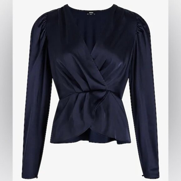 Express Women's Satin Top Size XS Navy Puff Shoulder Draped Faux Wrap NWT $58 - Picture 2 of 16